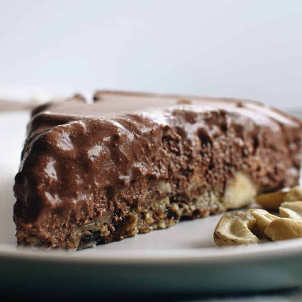 vegan raw chocolate cake slice closeup