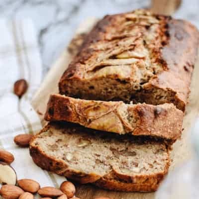 closeup of sliced vegan banana bread