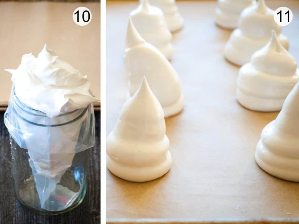 placing vegan meringue into a pipet bag tip and then piping them onto baking sheet example