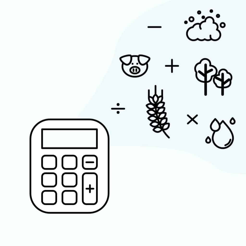 vegan impact calculator graphic with floating icons