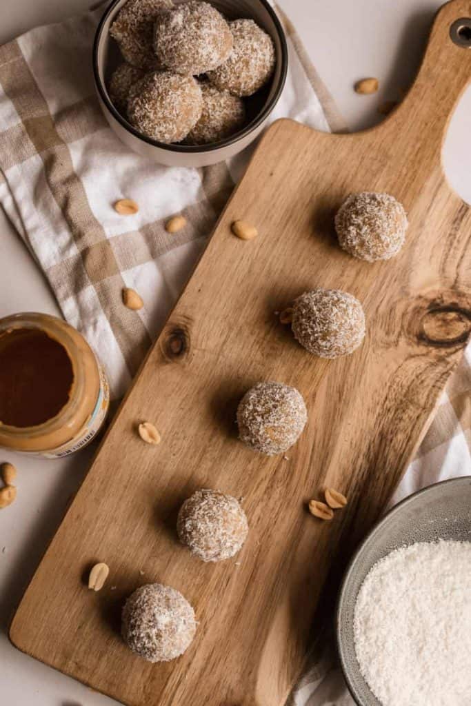 no bake vegan peanut butter balls on serving tray overhead shot