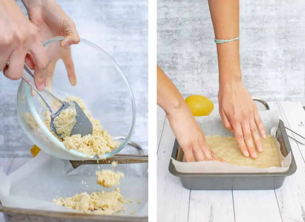 pressing the almond flour crust into the baking pan steps
