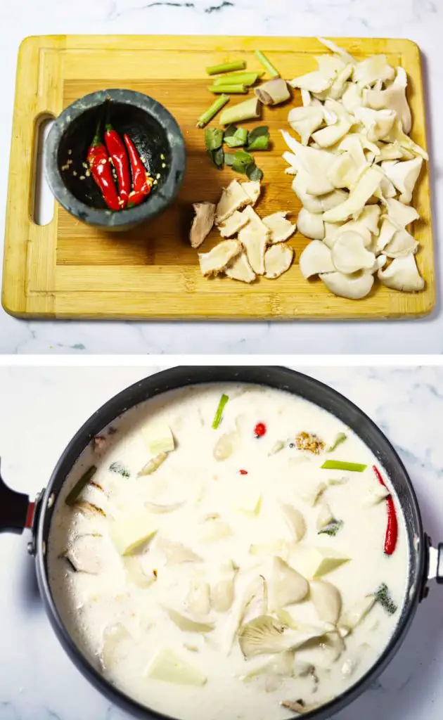 chopping and simmering thai vegetables in coconut lemongrass soup