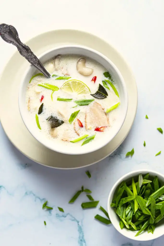 overhead view of finished easy vegan thai coconut soup