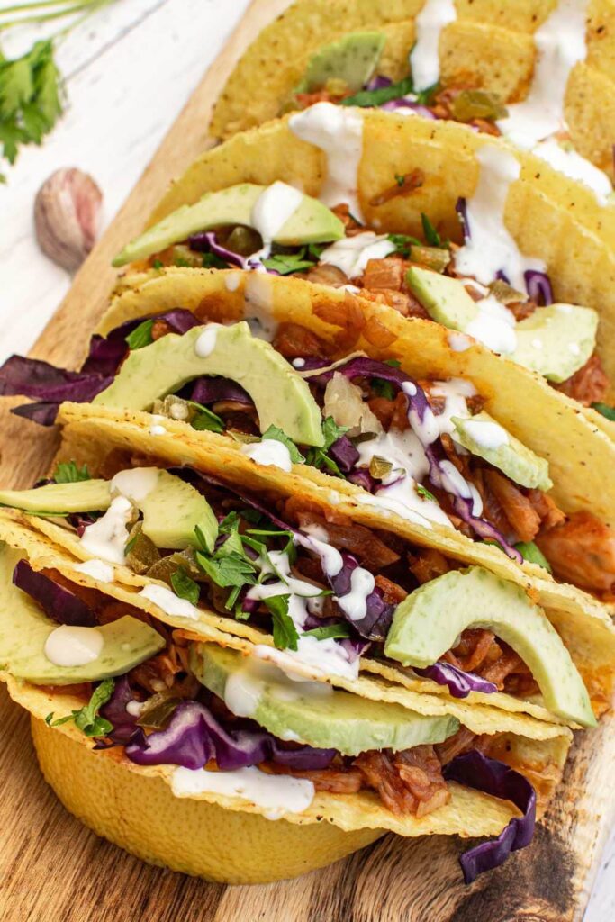 gluten free pulled jackfruit tacos with toppings