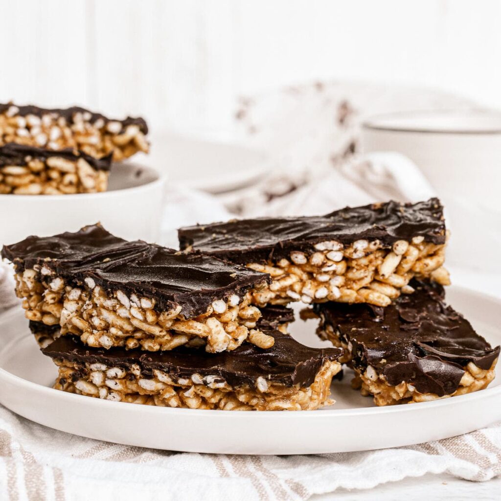 puffed rice bars with peanut butter and chocolate closeup