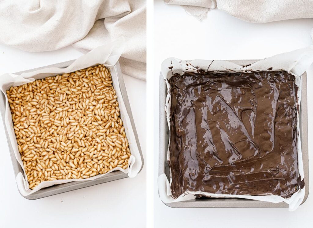 instructions for forming no-bake puffed rice bars into pan